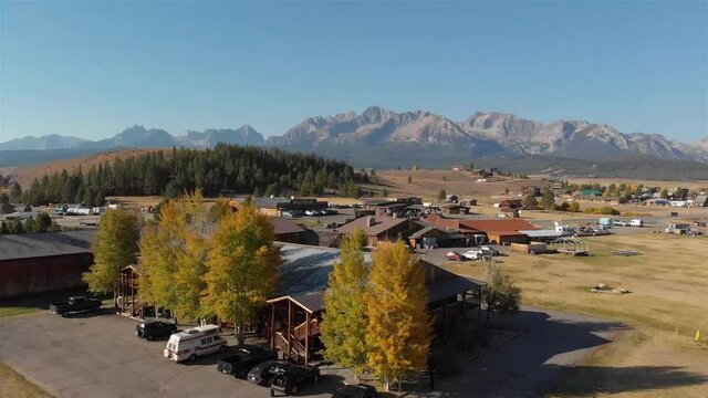 An aerial view near Mountain Village Resort in Stanley, ID - Fall 2021