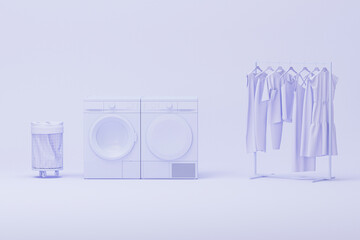 Washing machine and clothes on a hanger, storage shelf in monochrome purple background. Minimalist laundry room equipment concept. Trendy 3D rendering for social media banners, studios, presentations
