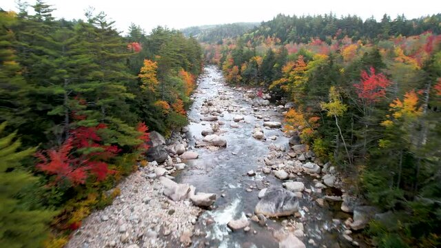 Aerial view of River along Kancamagus Highway, New Hampshire Fall