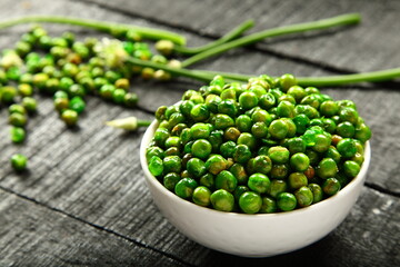 Roasted green peas, salted beans - delicious vegan diet appetizer.