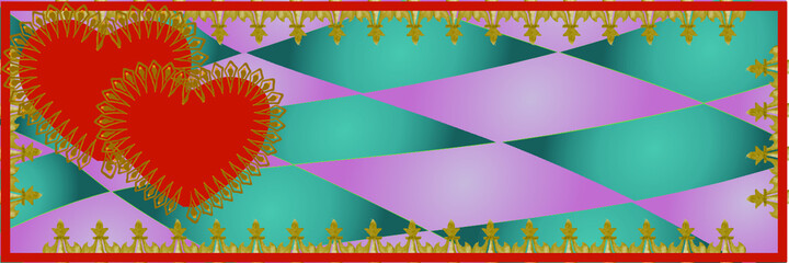Fantasy style Valentine with tiles floor and gilded gold border for banner and red heart