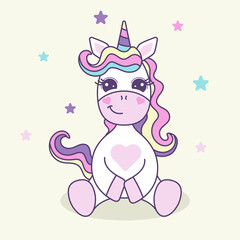 Children's card with a cute sitting unicorn in pastel colors. Vector illustration.