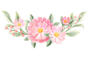 Spring flowers. Isolated botanical border for design of invitations, greeting cards. Composition of pink and white wildflowers.