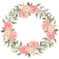 Spring flowers wreath. Isolated clip art element for design of invitations, cards. Arrangement of pink and white wildflowers in the form of a wreath.