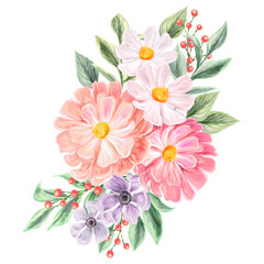 Bouquet of spring flowers. Isolated botanical illustration for design of invitations, greeting cards. Composition of pink and white wildflowers.