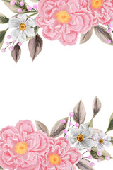 Spring flowers. Greeting card design. Botanical decoration for wedding invitations. Arrangement of pink and white wildflowers.