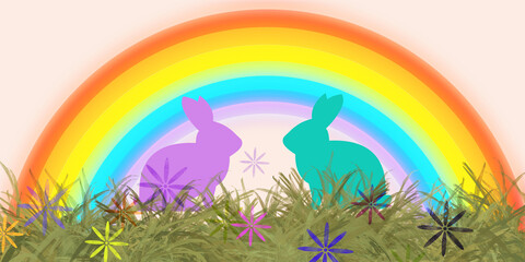 Obraz na płótnie Canvas Two Easter bunnies in grass Easter holiday card