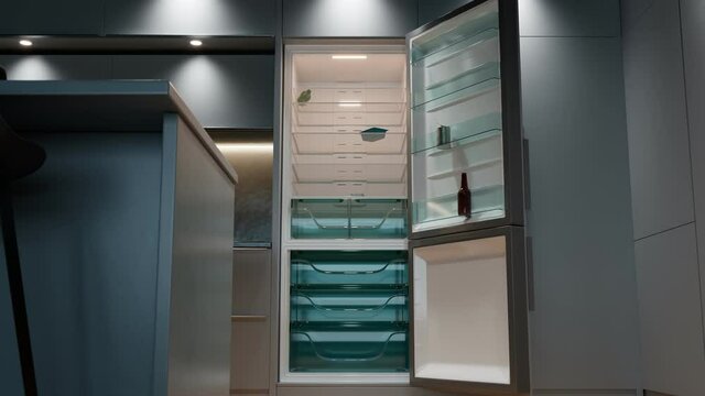 Modern kitchen refrigerator slowly opens revealing empty shelves with no food