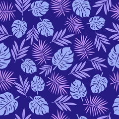 Foto op Plexiglas Donkerblauw illustratie Tropische bladeren naadloos patroon, Doodle tropische bladeren