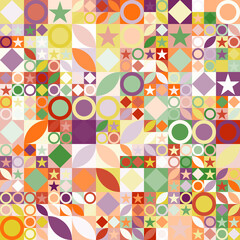 Patrón geométrico abstracto compuesto de figuras de tendencias cálidas en tonos pastel sobre fondo blanco.