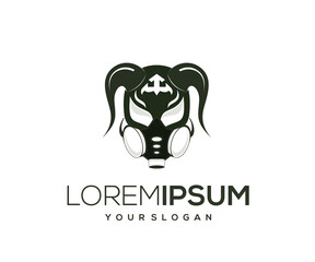 horned head logo and wearing a mask