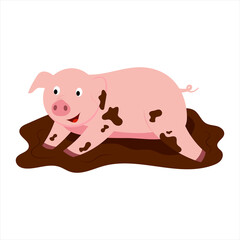 vector illustration of a cute cartoon pig lying in the mud.