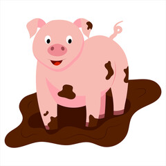 vector illustration of a cute cartoon pig standing in the mud.