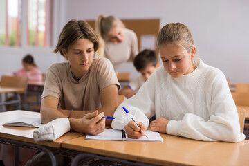 Fototapeta premium Pupils write in notebooks while sitting at desks in a school class