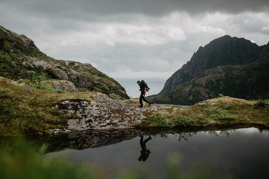 Adult male hiking in the mountains in northern Norway.