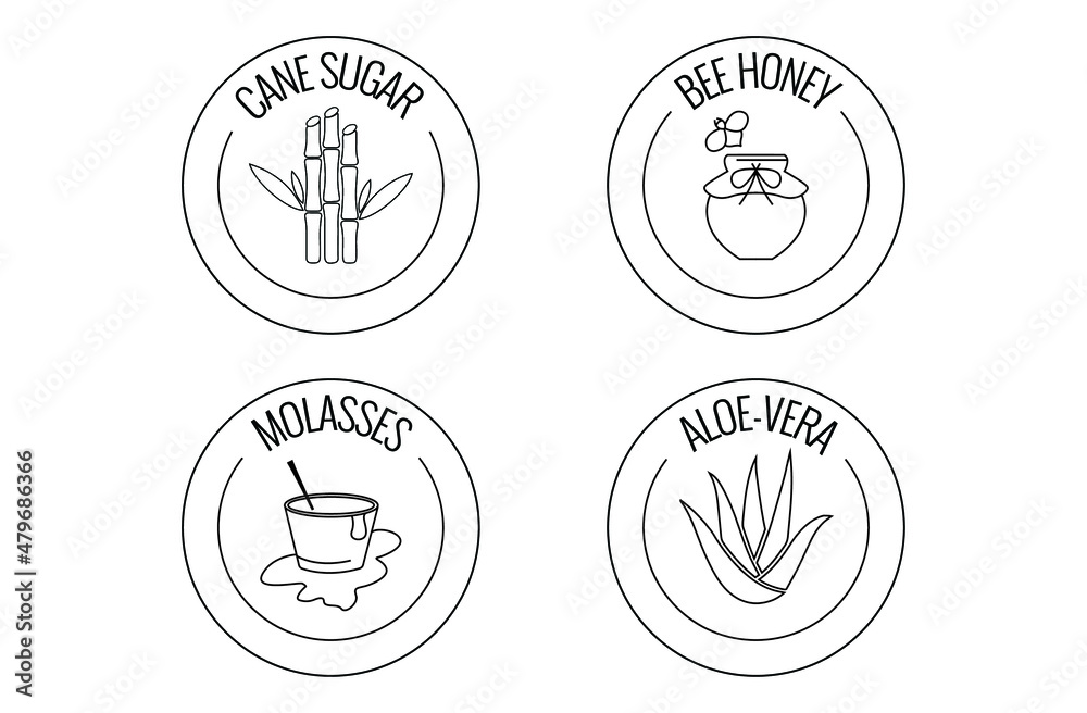 Poster cane sugar, bee honey, molasses, aloe vera natural products icon set vector