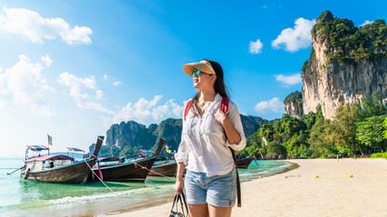 Traveler woman walking on vacation joy nature view scenic landscape Lailay beach Krabi, Attraction...