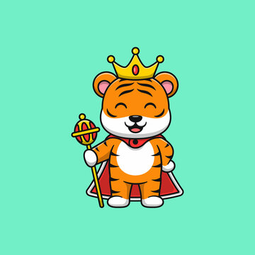 Cartoon cute tiger king vector icon illustration. Flat cartoon style.