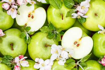 Apples fruits green apple fruit background with leaves and blossoms