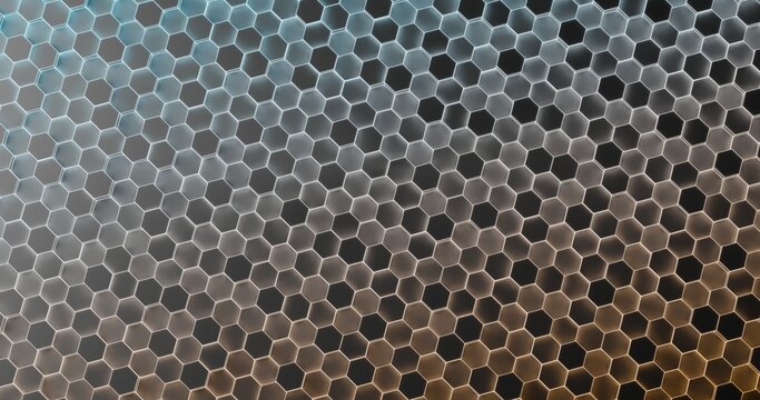 Black Technological Hexagonal Pattern on blue and orange neon Background - Abstract background Illustration with Glowing Effects, Vector 3d render