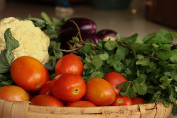 Close up shot of tomato and other green vegetables. close up shot of fresh Vegetable