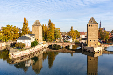 La Petite France with bridge over river Ill water tower Alsace in Strasbourg, France - obrazy, fototapety, plakaty