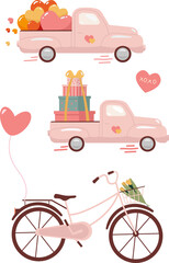 Set of vintage retro cars. Trucks, bicycle, bike, valentine's day. Vector illustration.