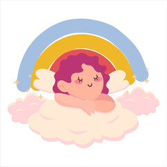 baby cupid relaxing on clouds, cute cartoon vector illustration for Valentine's day