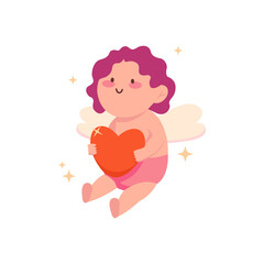 baby cupid sitting on the ground and holding red heart, valentine's day vector, love, cute and simple, cartoon, sticker
