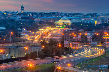 Naklejka premium Washington, D.C., city skyline with Lincoln Memorial, Washington Monument and Thomas Jefferson Memorial