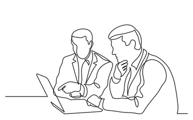 two businessmen discuss work project on laptop computer screen during meeting continuous line drawing