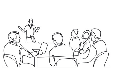 diverse office workers ask questions to presentation speaker in meeting room continuous line drawing