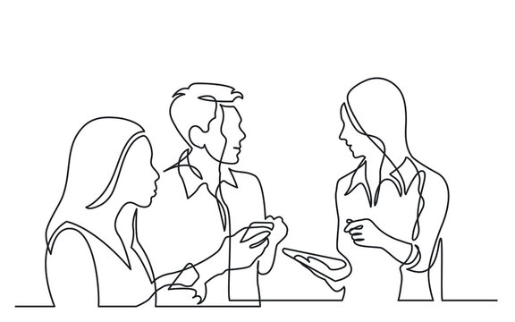three diverse young professionals holding smartphones discussing work as team continuous line drawing