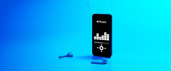 Music background. Mobile smartphone screen with music application, sound headphones. Audio voice...