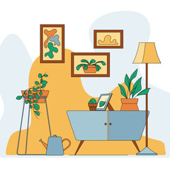 Flat design vector illustration of interior with furniture: curbstone, house plants, paintings, lamp. Cozy interior of corner with house plants. Flat style illustration for design 
