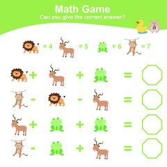 Obraz na płótnie Canvas Animal theme Math Game for Preschool. Educational printable math worksheet. Additional and subtraction math for kids. Vector file.
