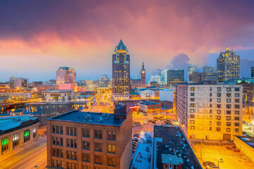 Downtown Milwaukee city skyline cityscape of Wisconsin in USA