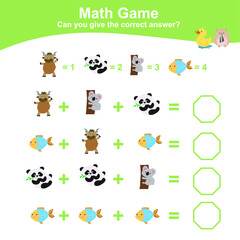 Animal theme Math Game for Preschool. Educational printable math worksheet. Additional and subtraction math for kids. Vector file.