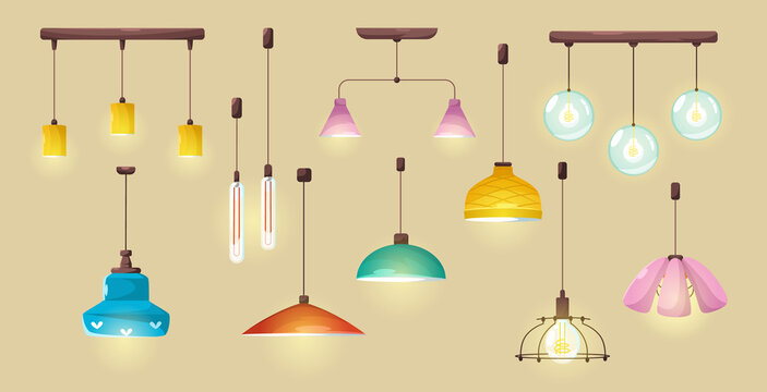 Modern ceiling lamps, stylish pendant electric lights for home or office interior. Vector cartoon set of hanging illumination accessory, chandeliers with lampshades isolated on background