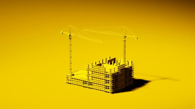 Monochromatic animation of construction site with moving cranes. Developement.