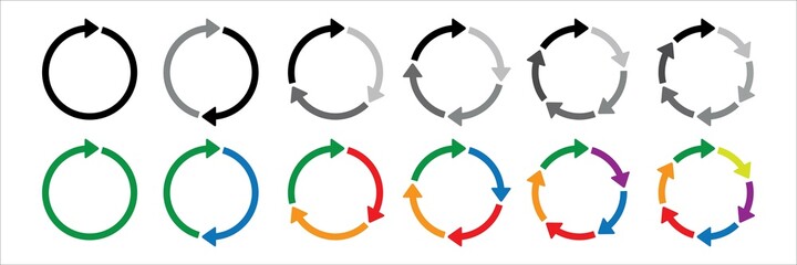 Colorful circle thin arrow icon set. Symbol of reload, refresh, loading, recycle and repeat. Interconnecting round arrow vector icons set. One, two, three, four, five, six arrow in the loop.