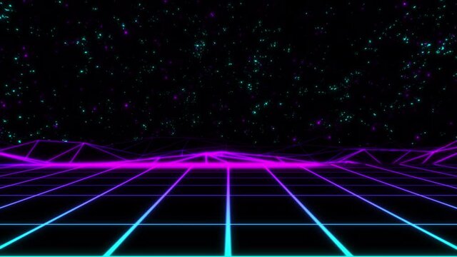 Concept 12-N1 Infinite abstract neon retrowave looping animated background with moving grid floor, moving terrain, stars motion and twinkling or blinking stars.