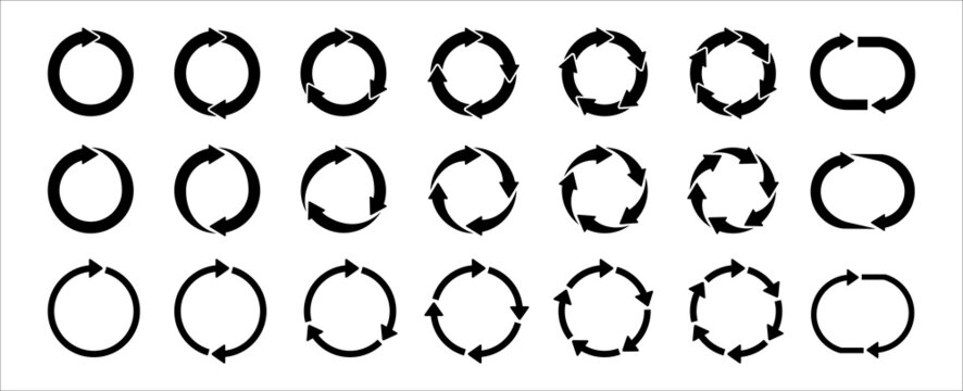 Circle arrow icon set. Symbol of reload, refresh, loading, recycle and repeat. Interconnecting round arrow vector icons set. Work in progress sign. One, two, three, four, five, six arrow in the loop.