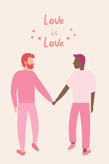 happy gay couple in casual clothes, valentine's day greeting card, love