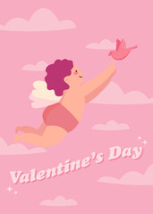 Valentine's day postcard.Happy Valentines day. Baby cupid with arrow. Festive valentine's day greeting card.