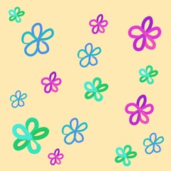Children's freehand drawing of flowers of different colors on a cream background