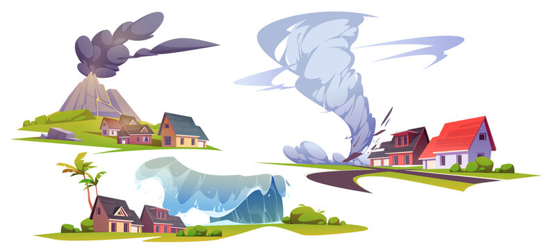 Natural Disasters, Volcanic Eruption, Tsunami And Tornado. Vector Cartoon Set Of Illustration Of Nature Cataclysms With Houses, Volcano, Water Wave And Wind Storm