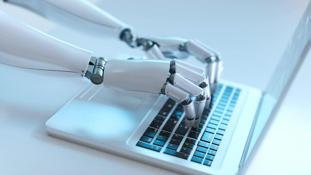 Futuristic concept of humanoid robot writing code on the laptop keyboard.