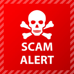 Scam alert. skull icon. Flat illustration on red background