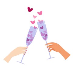 Vector illustration of champagne glasses with hearts. Lovers celebrate valentine's day.